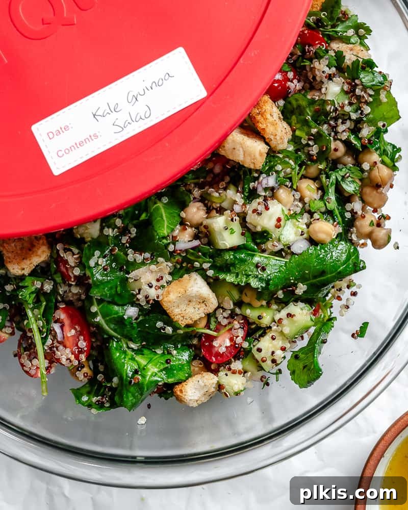 Power-Packed Kale Quinoa Salad 11 The finished Kale Quinoa Salad neatly packed into a clear storage container, ready for convenient meal prepping and showcasing its fresh components.