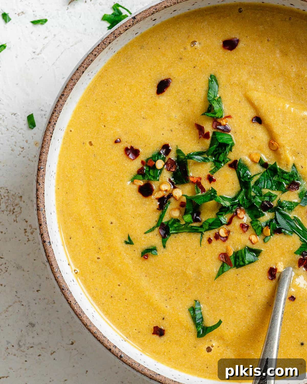 Cozy Slow Cooker Spiced Pumpkin Bisque 13 completed Slow Cooker Pumpkin Soup on a white surface