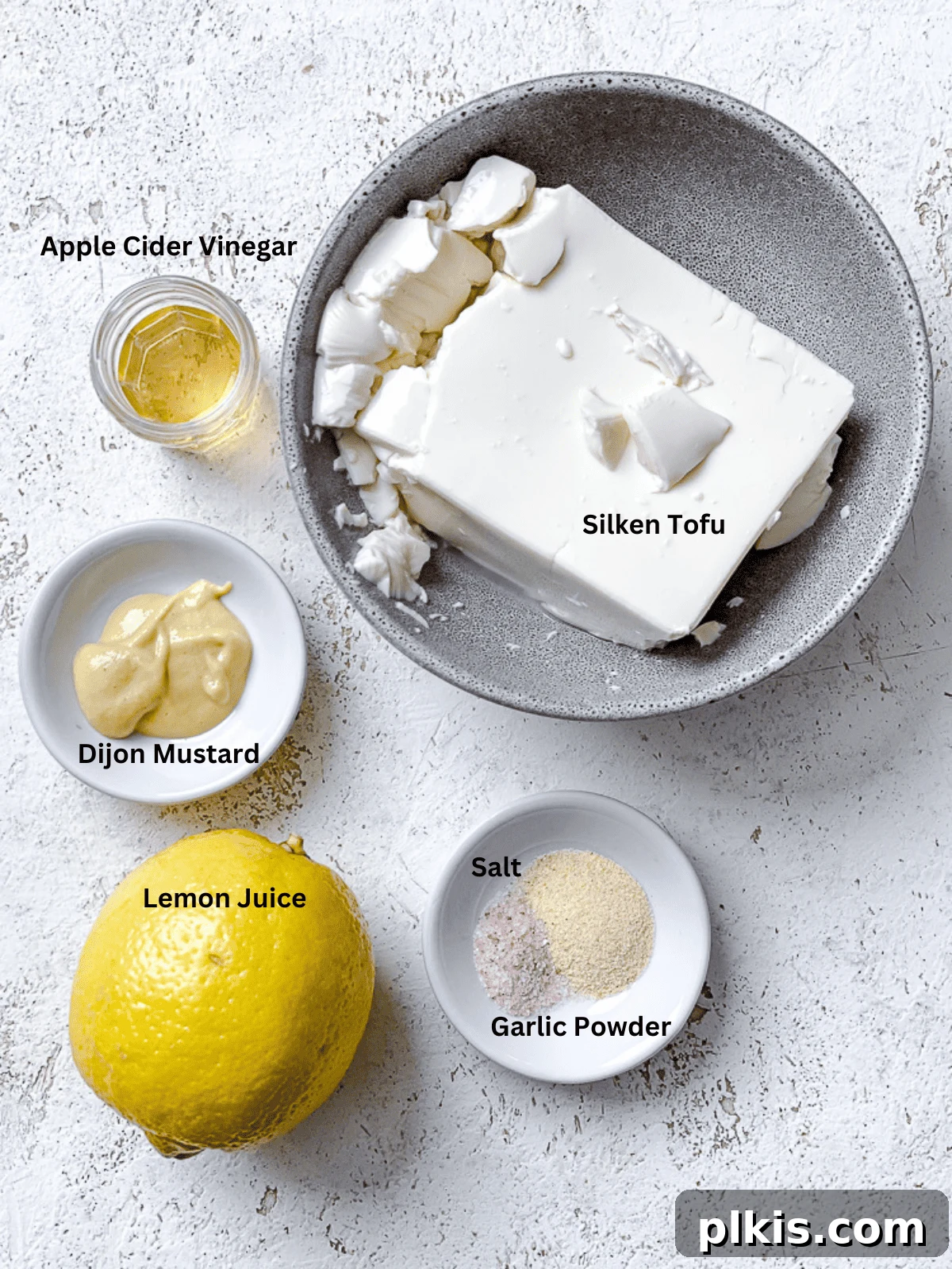 ingredients for Healthy Vegan Mayonnaise [Oil-Free] measured out against a white surface