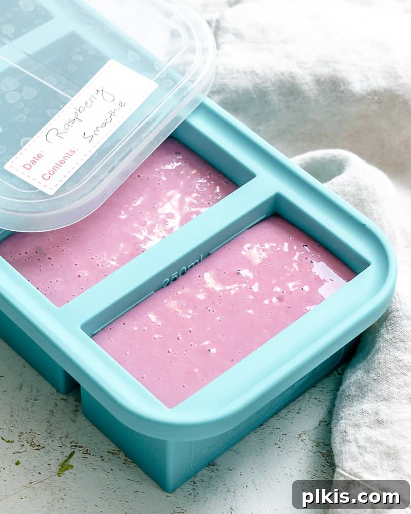 Effortless Raspberry Refresh 7 A raspberry smoothie stored in an airtight container, ready for refrigeration or freezing.