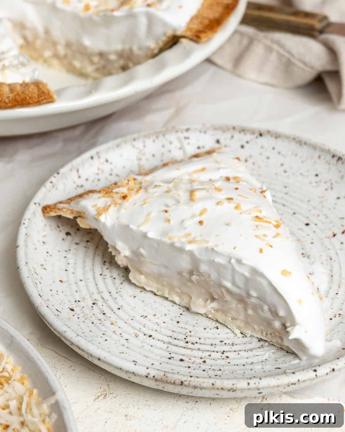 Velvety Vegan Coconut Dream Pie 10 A single slice of Vegan Coconut Cream Pie plated elegantly, garnished with whipped cream and toasted coconut, ready to be enjoyed.