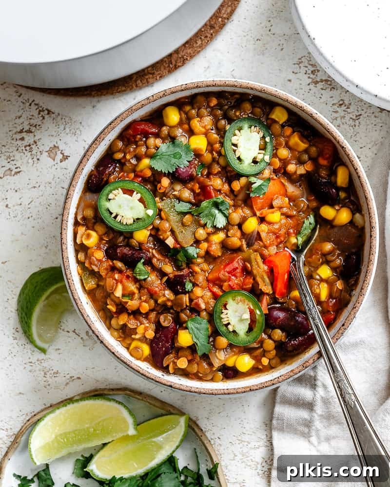 Hearty Lentil and Bean Chili 2 A vibrant bowl of hearty Lentil Bean Chili, garnished with fresh cilantro, ready to be enjoyed.