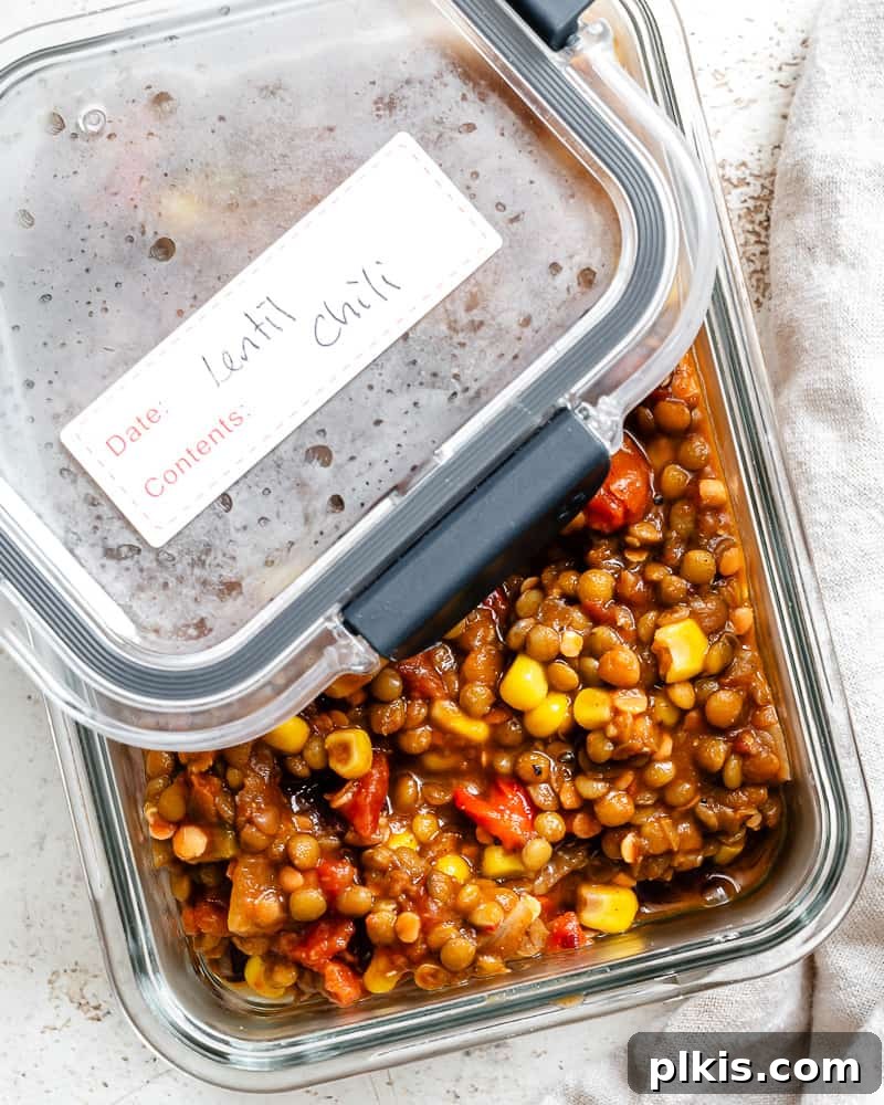 Hearty Lentil and Bean Chili 15 A clear glass container filled with prepared Lentil Bean Chili, ready for refrigeration or freezing.