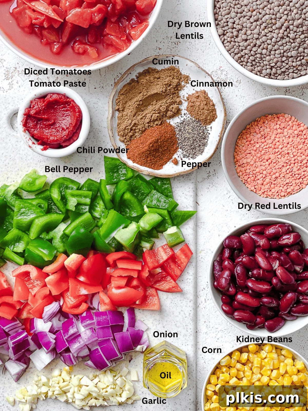 Hearty Lentil and Bean Chili 3 A collection of fresh and canned ingredients, neatly arranged on a white surface, ready for making Lentil Bean Chili.