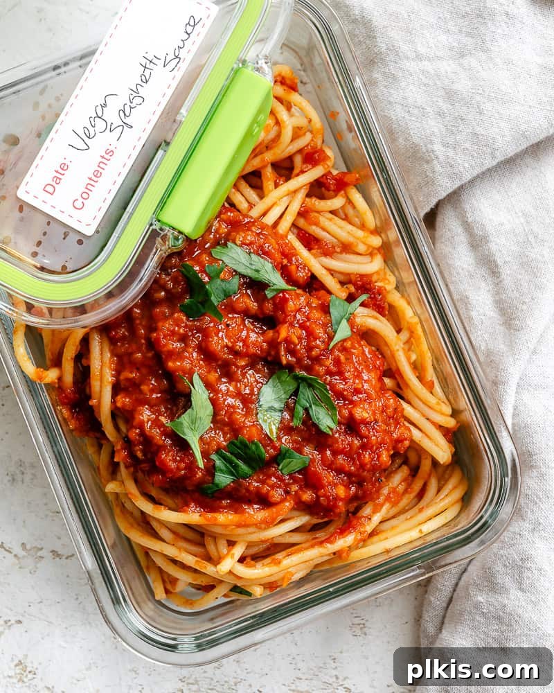 Vibrant Vegan Marinara 13 completed Vegan Spaghetti Sauce in a storage container