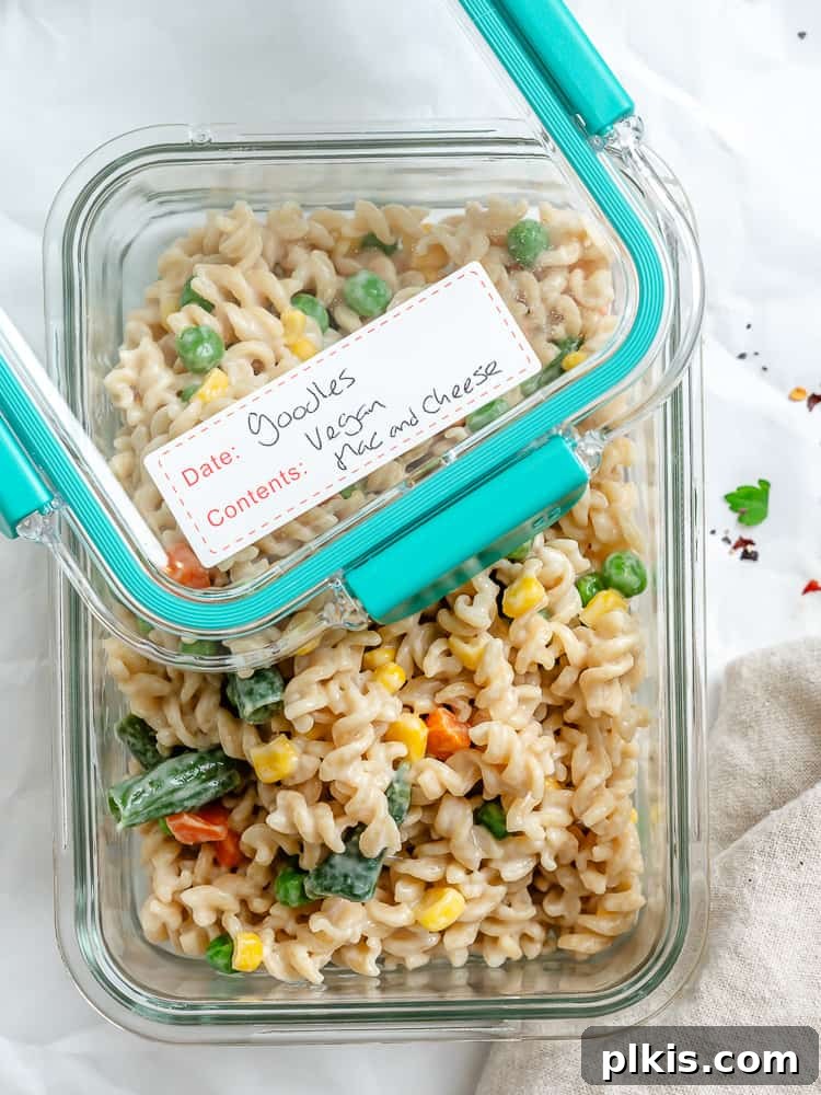 Elevate Your Boxed Mac and Cheese 16 completed Goodles Vegan Mac and Cheese in a storage container