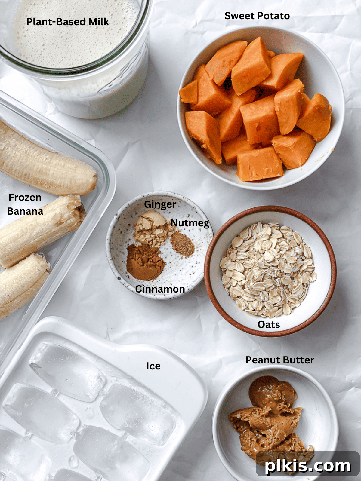 Golden Harvest Smoothie 3 ingredients for Sweet Potato Smoothie measured out on a white surface