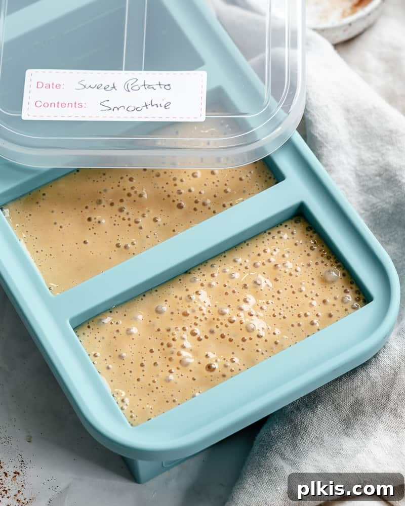 Golden Harvest Smoothie 6 completed Sweet Potato Smoothie in ice cube tray for freezing