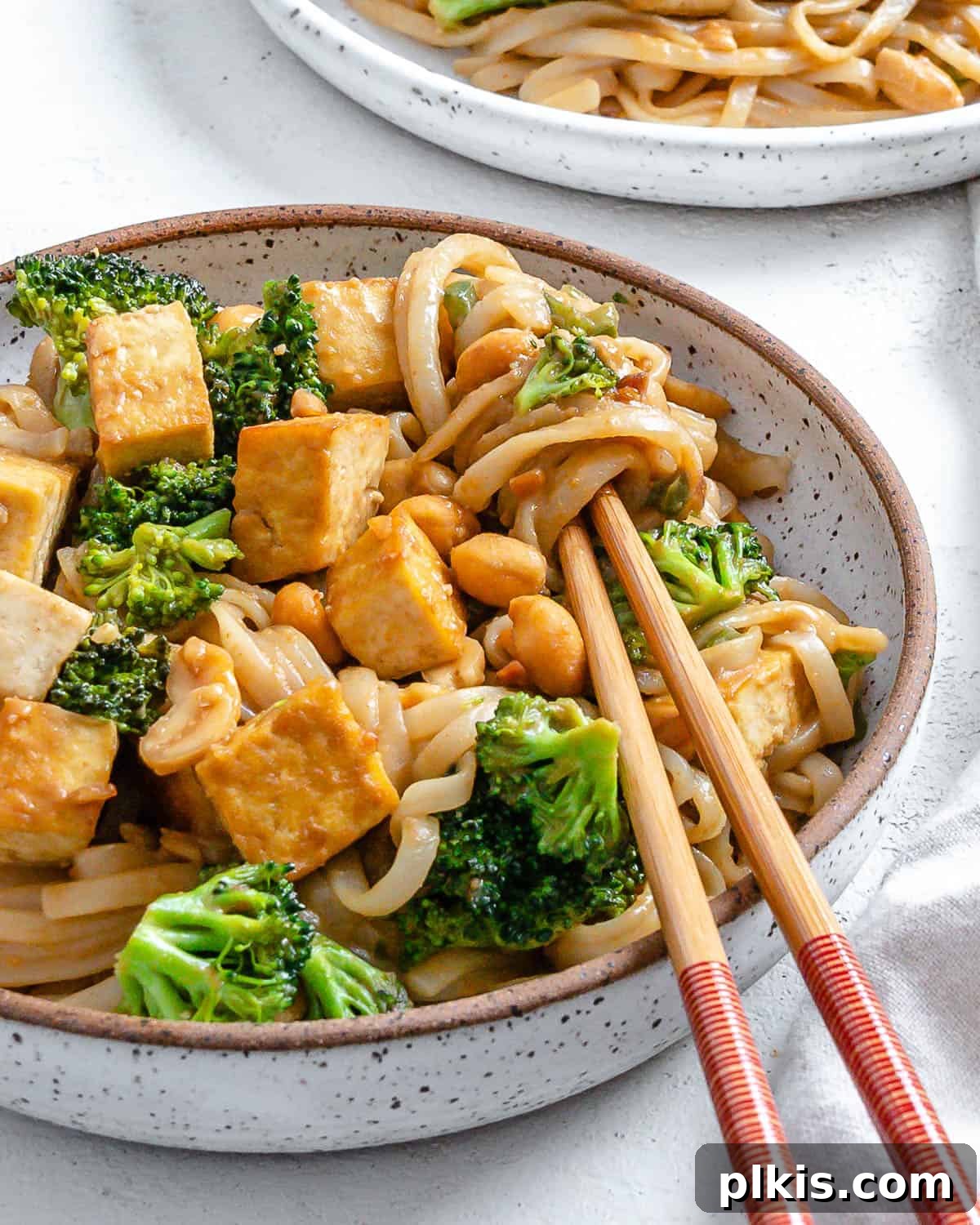 Traditional Tofu Pad Thai 17 completed tofu pad thai on a plate against a light surface