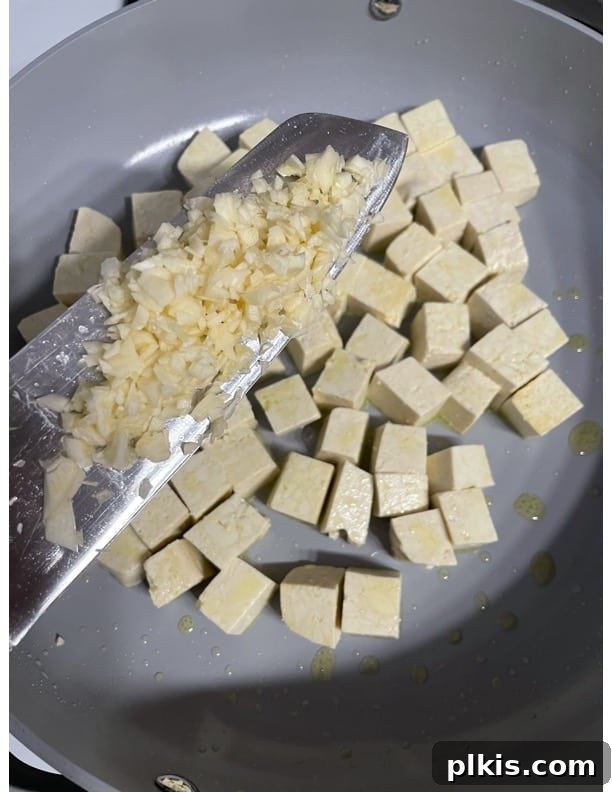 Traditional Tofu Pad Thai 9 process of adding ginger and garlic to pan