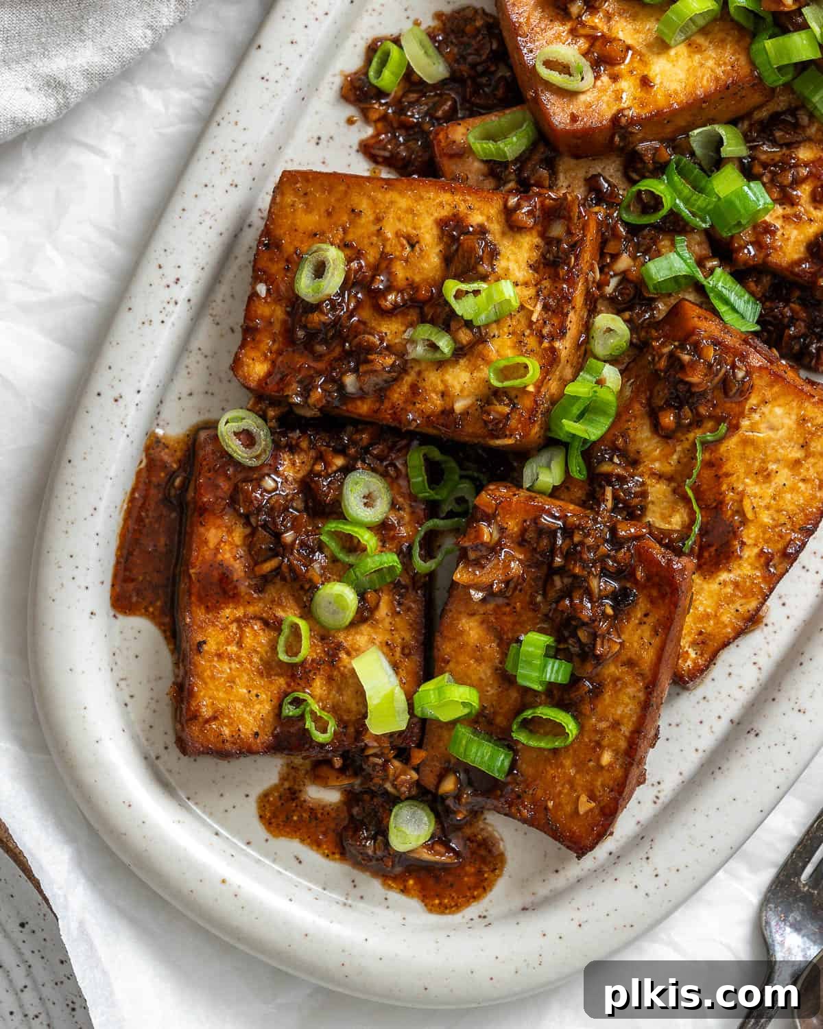 Effortless Tofu Adobo 2 Completed Easy Tofu Adobo on a platter, garnished with green onions.