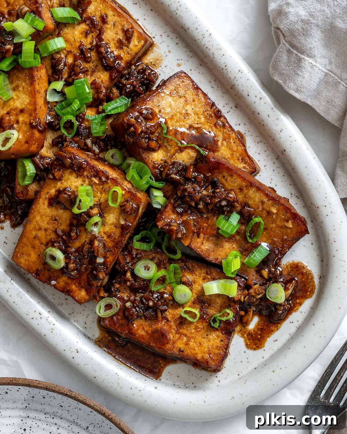 Effortless Tofu Adobo 15 Easy Tofu Adobo served with rice, garnished with green onions.