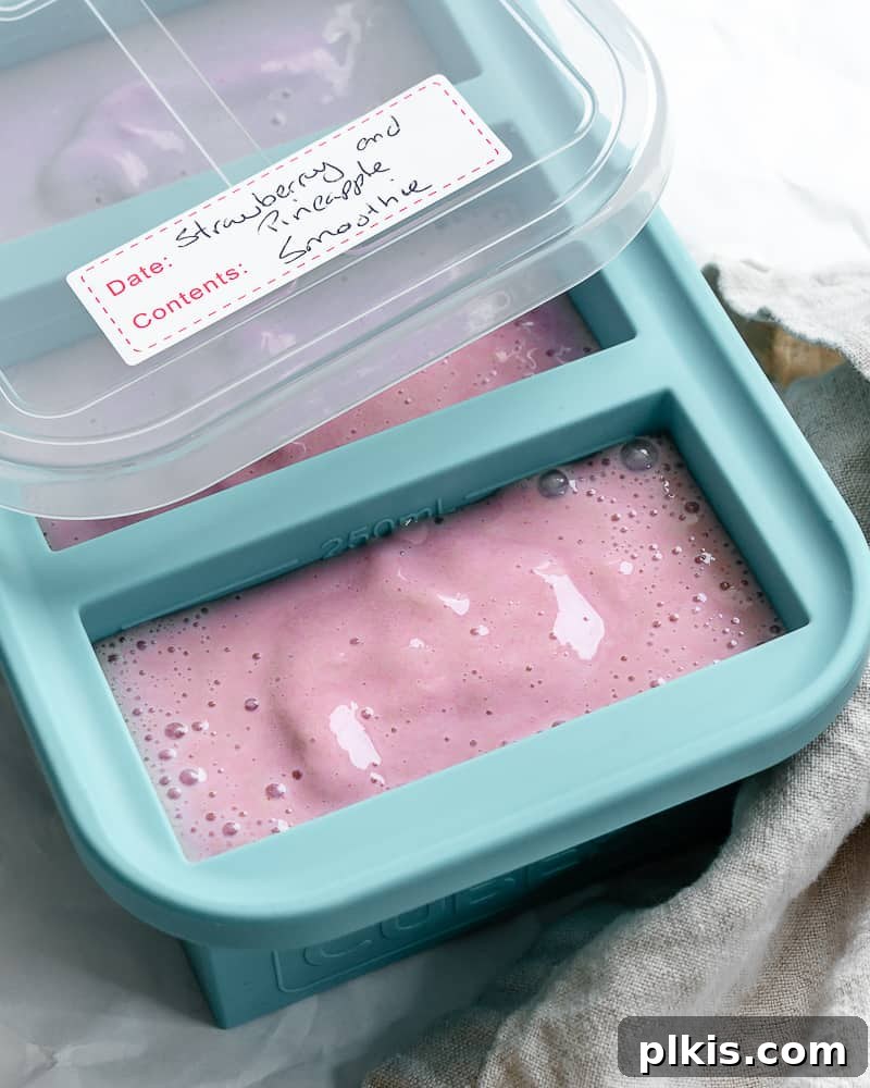 Strawberry and Pineapple Smoothie stored in a mason jar with a lid on a white surface