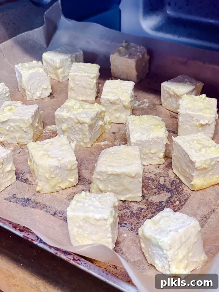 Golden Crisped Tofu Bites 5 process shot showing cornstarch-coated tofu spread on a baking sheet for baking