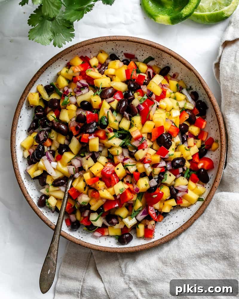 Golden Mango Burst 2 mango salsa and a metal spoon in a large white bowl.