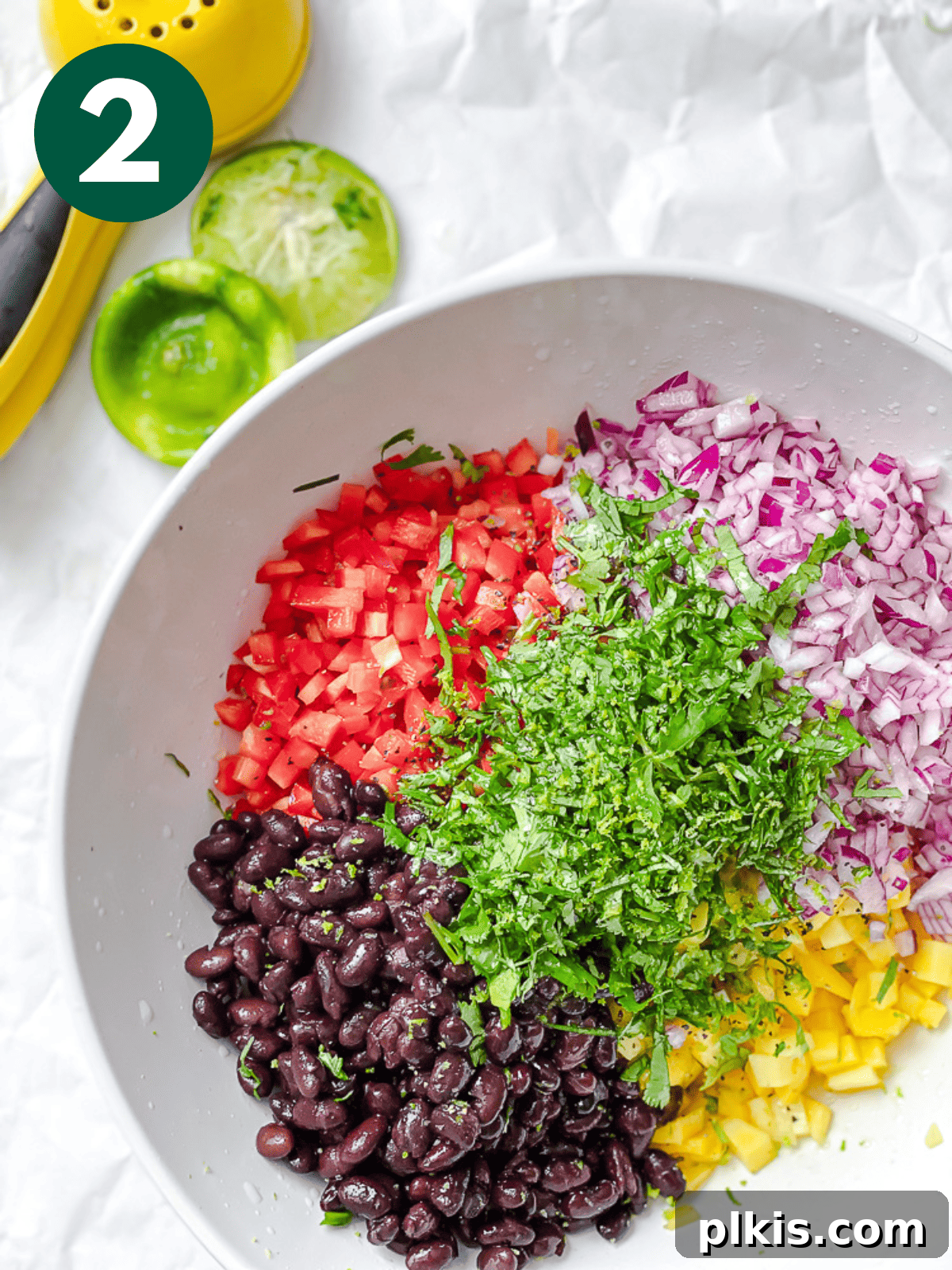 Golden Mango Burst 5 ingredients for mango salsa in a large white bowl.