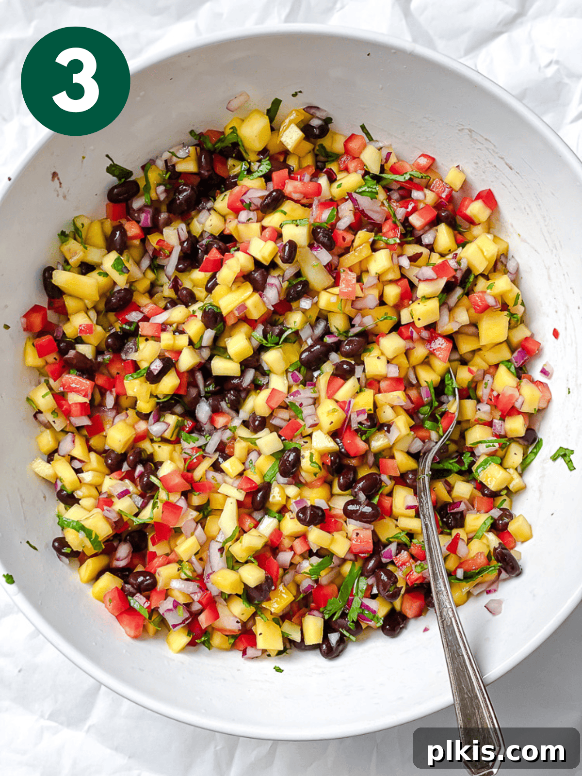 Golden Mango Burst 6 an assembled mango salsa in a large white bowl.