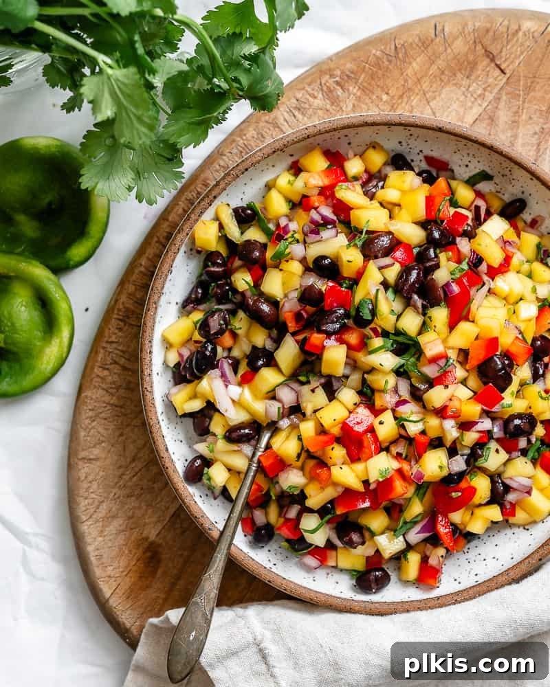 Golden Mango Burst 7 mango salsa and a metal spoon in a large white bowl.