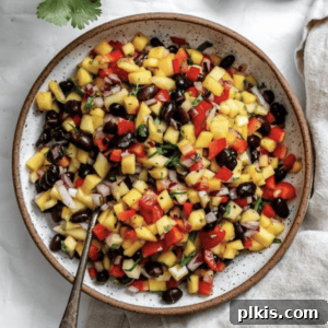 completed mango salsa plated against a white background