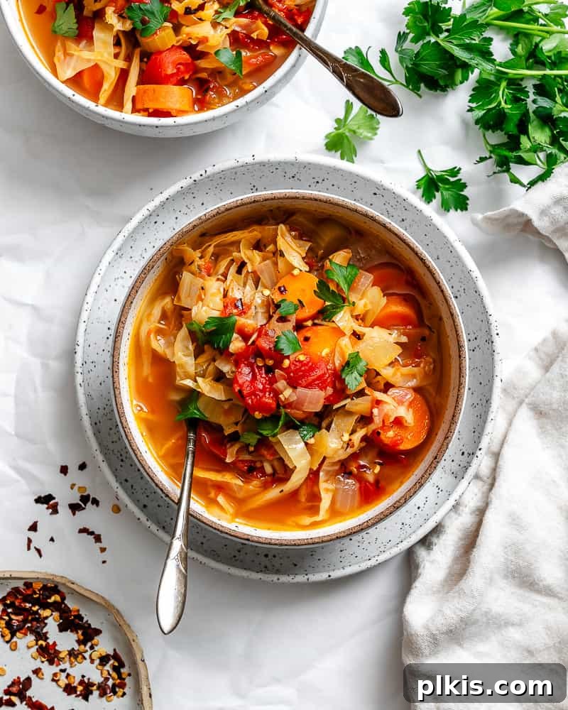 Hearty Vegan Cabbage Soup: Stove Top, Instant Pot, and Slow Cooker 2 A steaming bowl of vibrant Vegan Cabbage Soup, garnished with fresh herbs, showcasing its rich texture and inviting aroma.