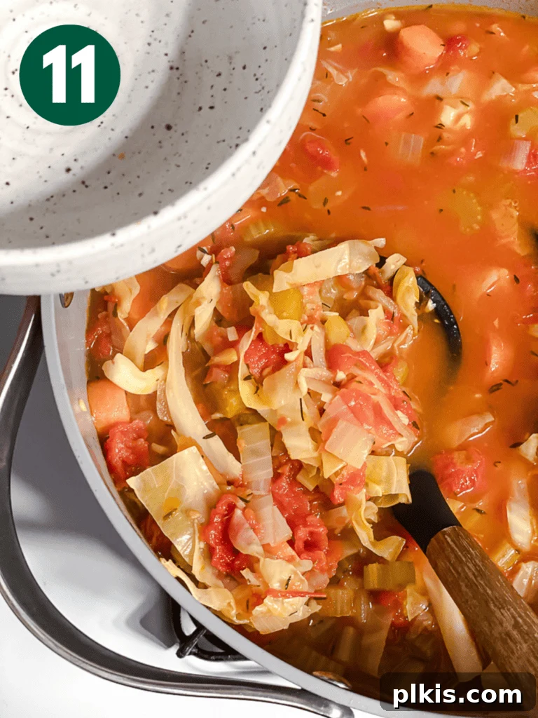 Hearty Vegan Cabbage Soup: Stove Top, Instant Pot, and Slow Cooker 14 Process shot: Ladling a portion of the freshly made Vegan Cabbage Soup into a serving bowl, ready to be enjoyed.