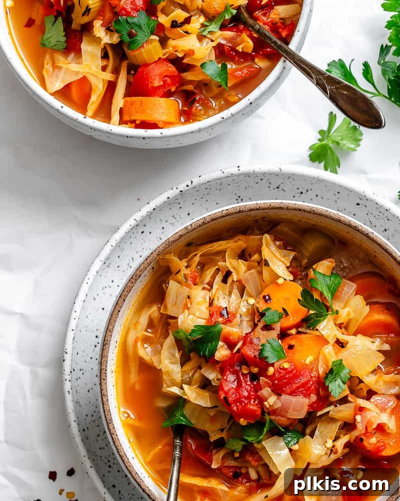 Hearty Vegan Cabbage Soup: Stove Top, Instant Pot, and Slow Cooker 15 A close-up shot of a hearty bowl of Vegan Cabbage Soup, garnished with vibrant green herbs, ready to be enjoyed.