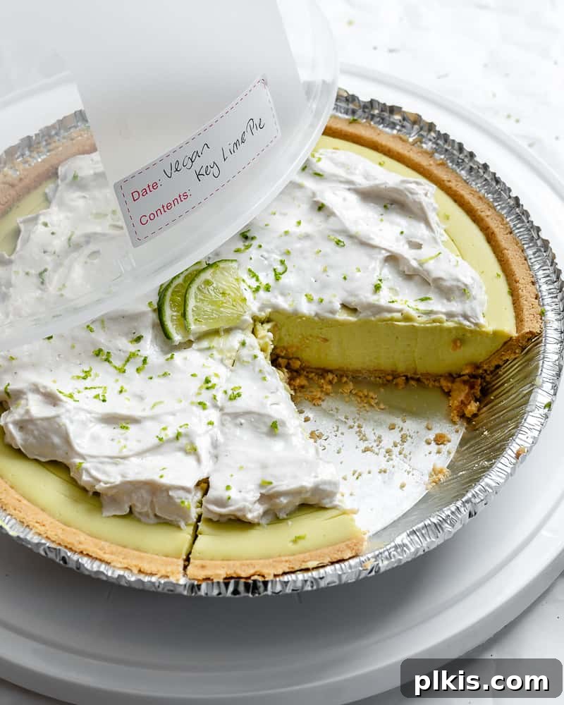 Effortless Zesty Vegan Key Lime Pie 13 Completed Easy Vegan Key Lime Pie stored in an airtight container in the refrigerator.