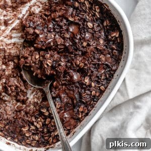 Completed Chocolate Baked Oatmeal in a dish, ready to be served, appearing rich and appealing
