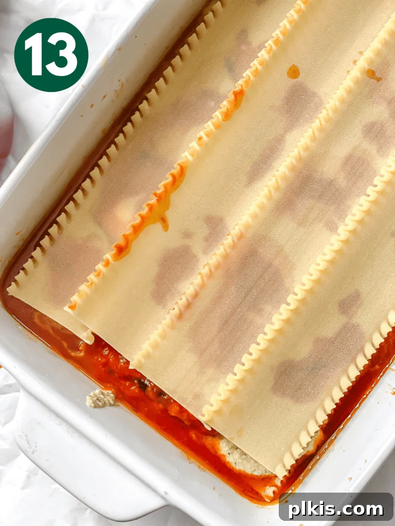 Hearty Vegan Eggplant Lasagna 16 A fresh layer of lasagna noodles being placed over the rich fillings, continuing the delicious assembly.