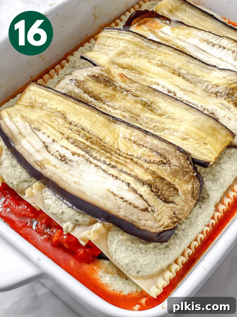 Hearty Vegan Eggplant Lasagna 19 Tender roasted eggplant slices thoughtfully arranged as a layer in the vegan lasagna.