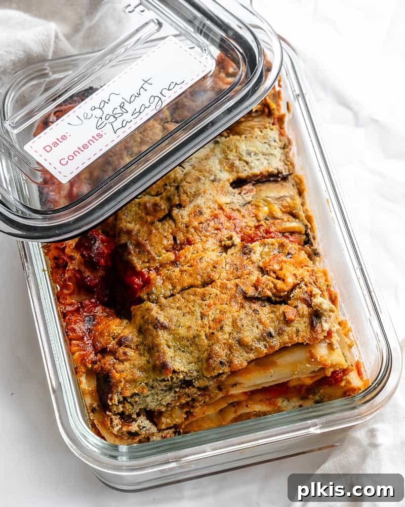 Hearty Vegan Eggplant Lasagna 25 Leftover vegan eggplant lasagna neatly portioned into an airtight container, ready for convenient storage and future enjoyment.