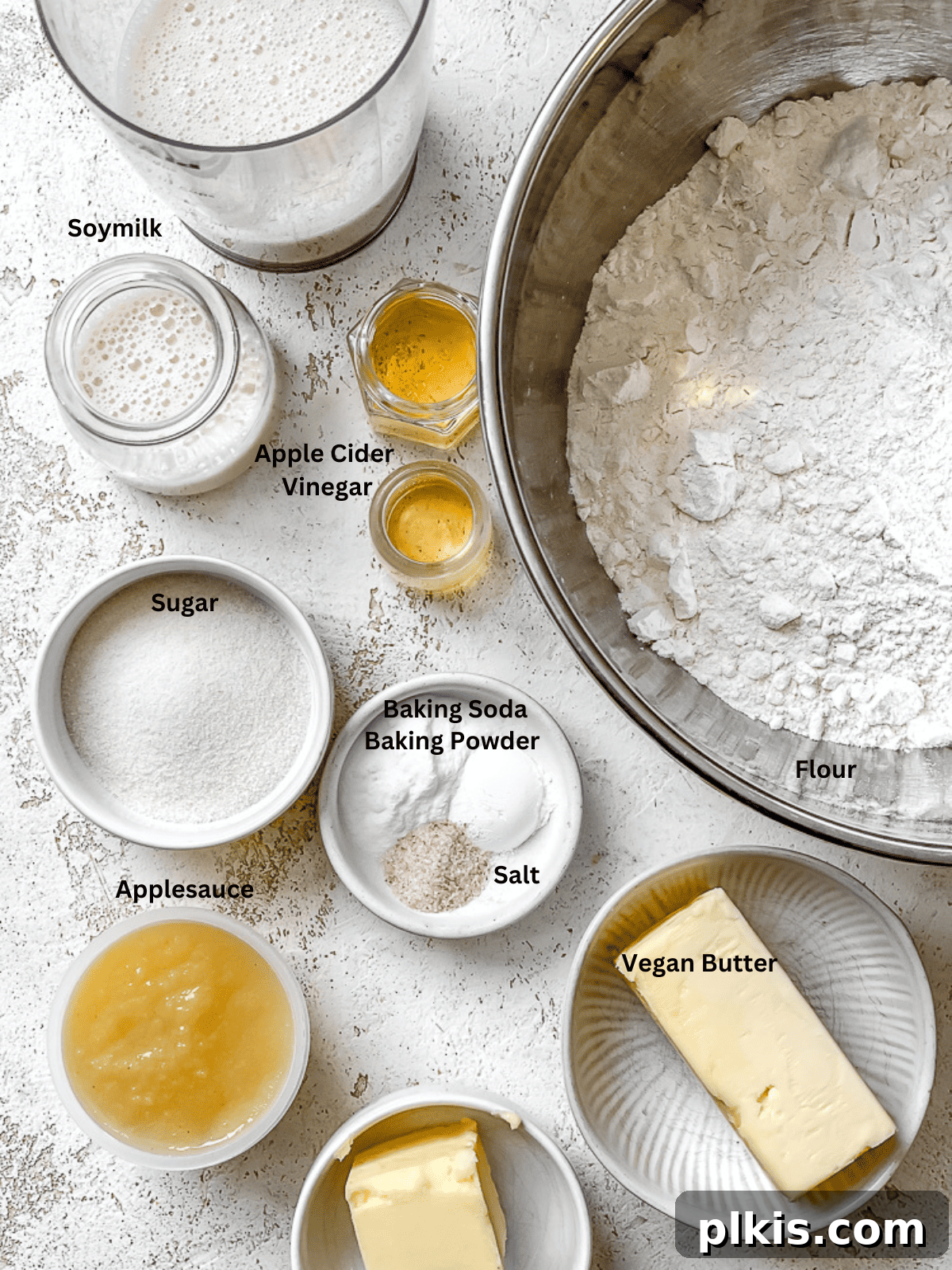 Plant-Powered Irish Soda Bread 3 Ingredients for Vegan Irish Soda Bread measured out on a counter.