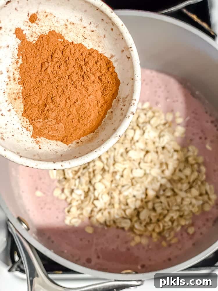 Process shot showing cinnamon being added to pot with oats and strawberry milk.