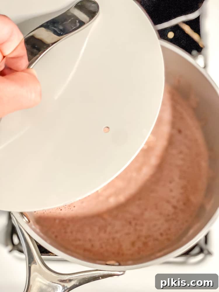 Process shot showing covering oatmeal with lid to simmer.