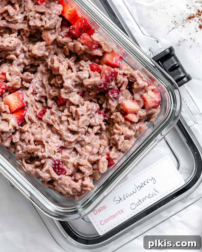 Completed Strawberry Oatmeal in a storage container, ready for meal prep.