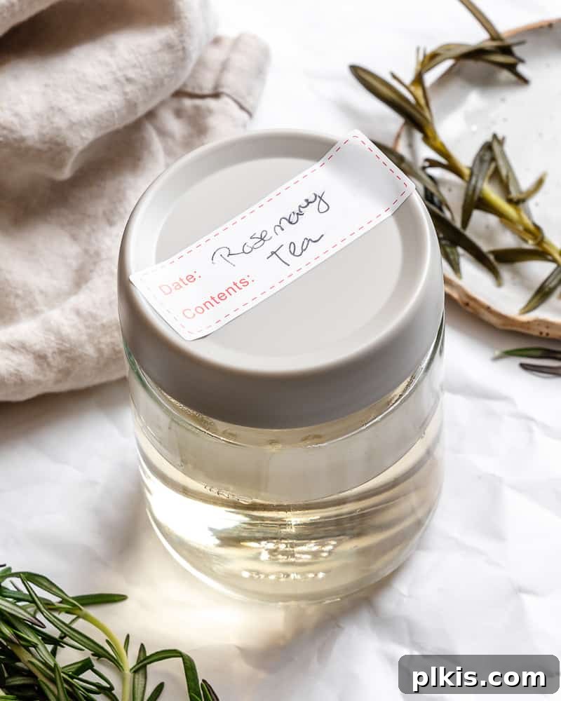 Rosemary's Evergreen Elixir 11 A glass jar filled with amber-colored rosemary tea, showcasing the natural beauty of the infused beverage.