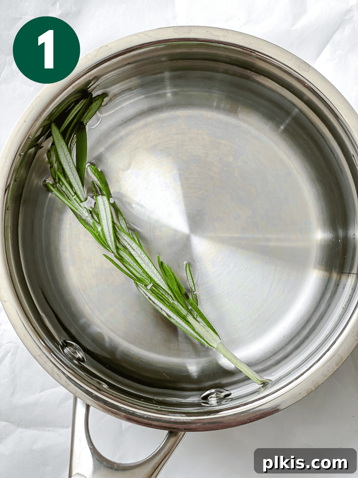 Rosemary's Evergreen Elixir 4 A sprig of fresh rosemary being placed into a pot of water on a stove.
