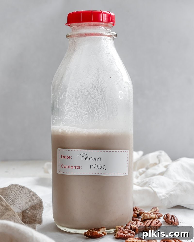 A glass jar filled with homemade pecan milk, showcasing its inviting color and texture.