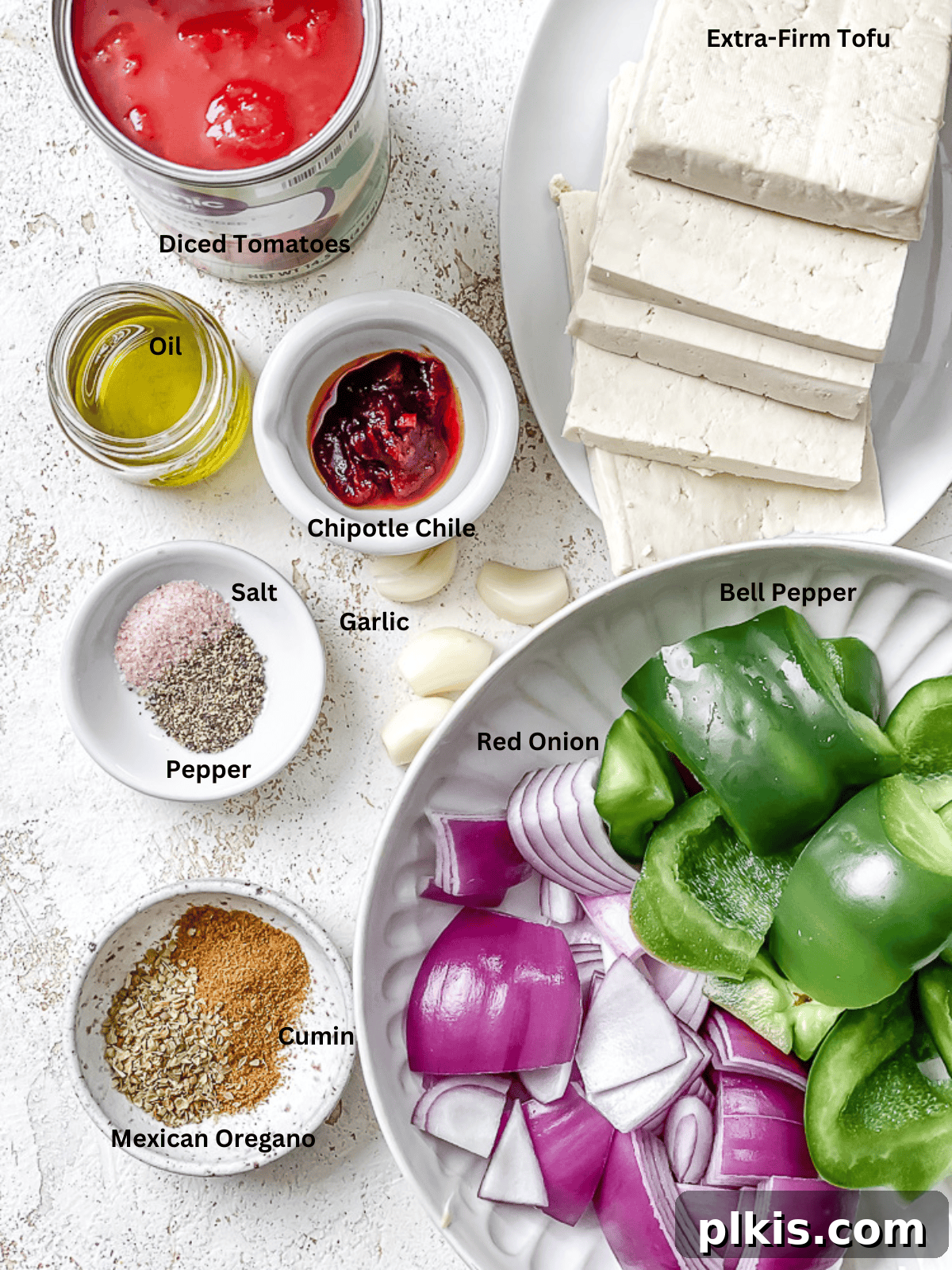 Chipotle Spiced Tofu 3 ingredients for sofritas in individual white bowls with labels.