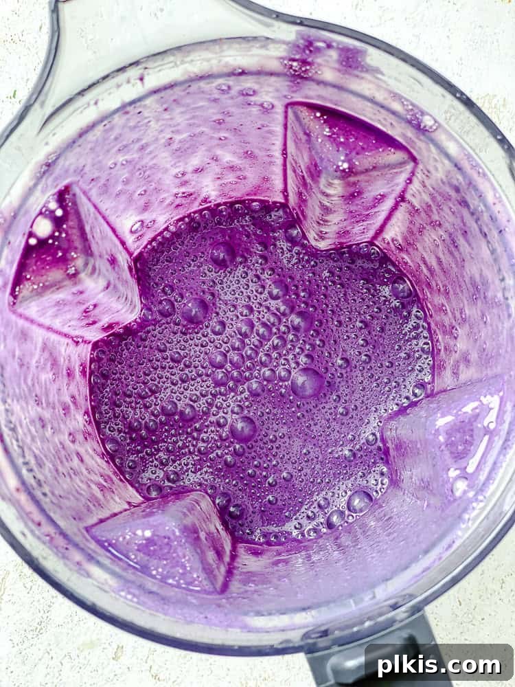 Vibrant Mango Berry Bliss 4 Blender with frozen blueberries and plant-based milk inside, ready to be blended.