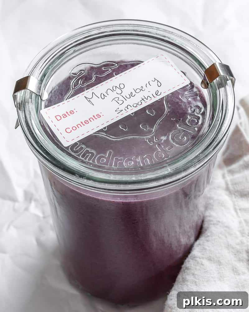 Vibrant Mango Berry Bliss 7 Mango Blueberry Smoothie stored in a cup with a lid, ready for freezing or refrigeration.