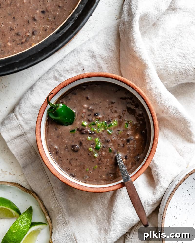 Spiced Black Bean Warmth 2 black bean soup topped with diced jalapenos in a bowl.
