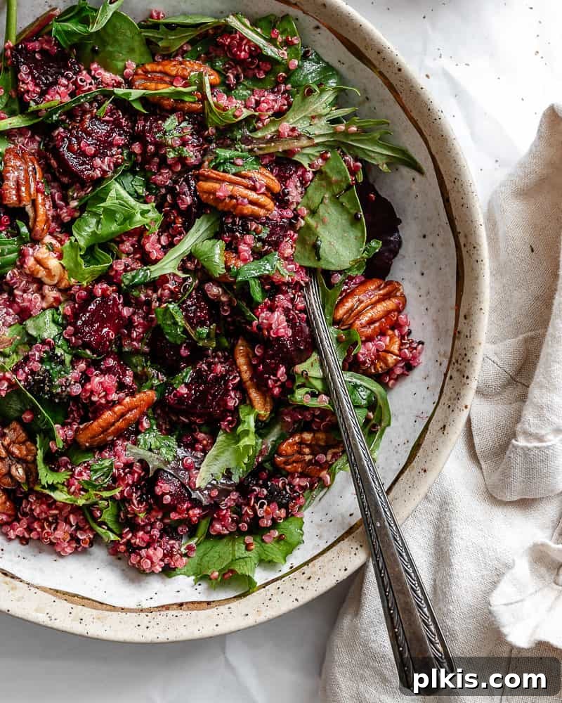 Vibrant Roasted Beet & Quinoa Medley 13 Completed Roasted Beet and Quinoa Salad elegantly plated and ready to be served.