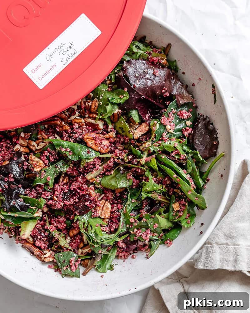 Vibrant Roasted Beet & Quinoa Medley 14 Completed Roasted Beet and Quinoa Salad in a storage container, ready for refrigeration.