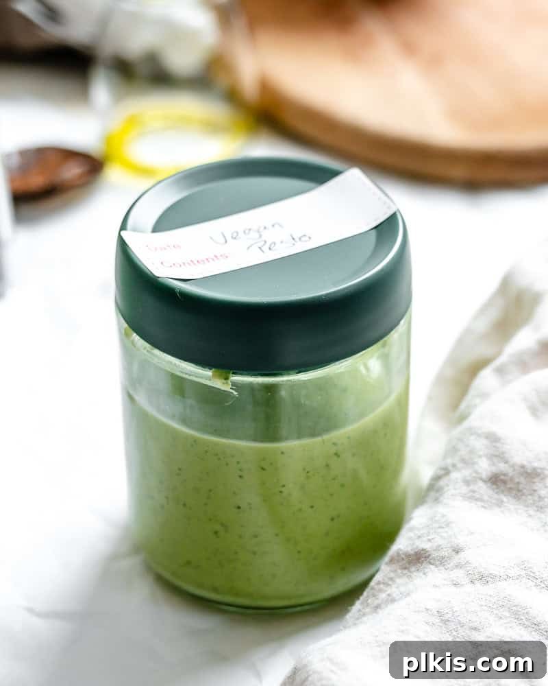 Vegan pesto in a sealed glass storage container, with a layer of olive oil on top to prevent browning.