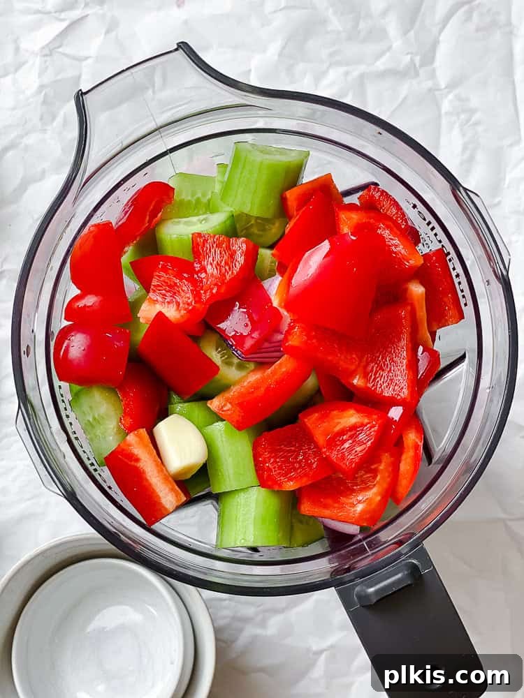 Vibrant Summer Gazpacho 5 process shot showing ingredients in food processor