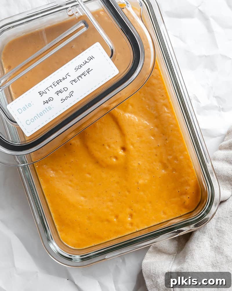 Velvety Roasted Butternut and Red Pepper Soup 10 Butternut Squash Red Pepper Soup stored in a clear airtight container, ready for refrigeration or freezing.