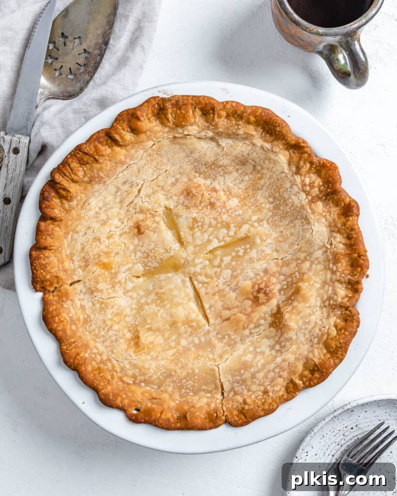 Tropical Vegan Coconut Pineapple Pie 2 Completed Vegan Coconut Pineapple Pie in a pie dish, set against a pristine white background, showcasing its golden crust and inviting tropical filling.