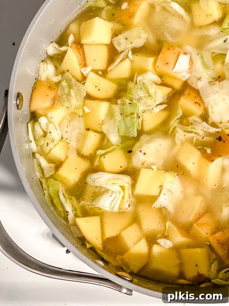 Rustic Cabbage and Bean Pot 6 Process shot of broth, bouillon cubes, and chopped potatoes simmering with sautéed vegetables in a pot.