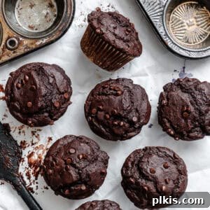overhead view of vegan Chocolate Chocolate Chip Muffins.
